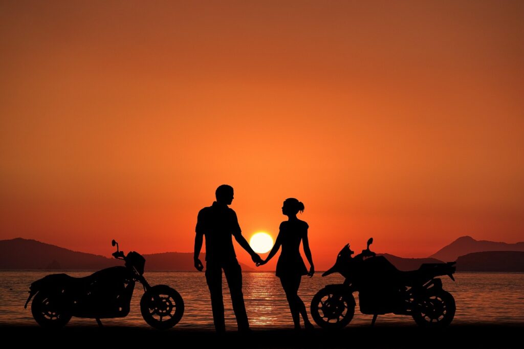sunset bikes, couple, oceans, beach, love, romantic, people, together, sky, relationship, happy, nature
